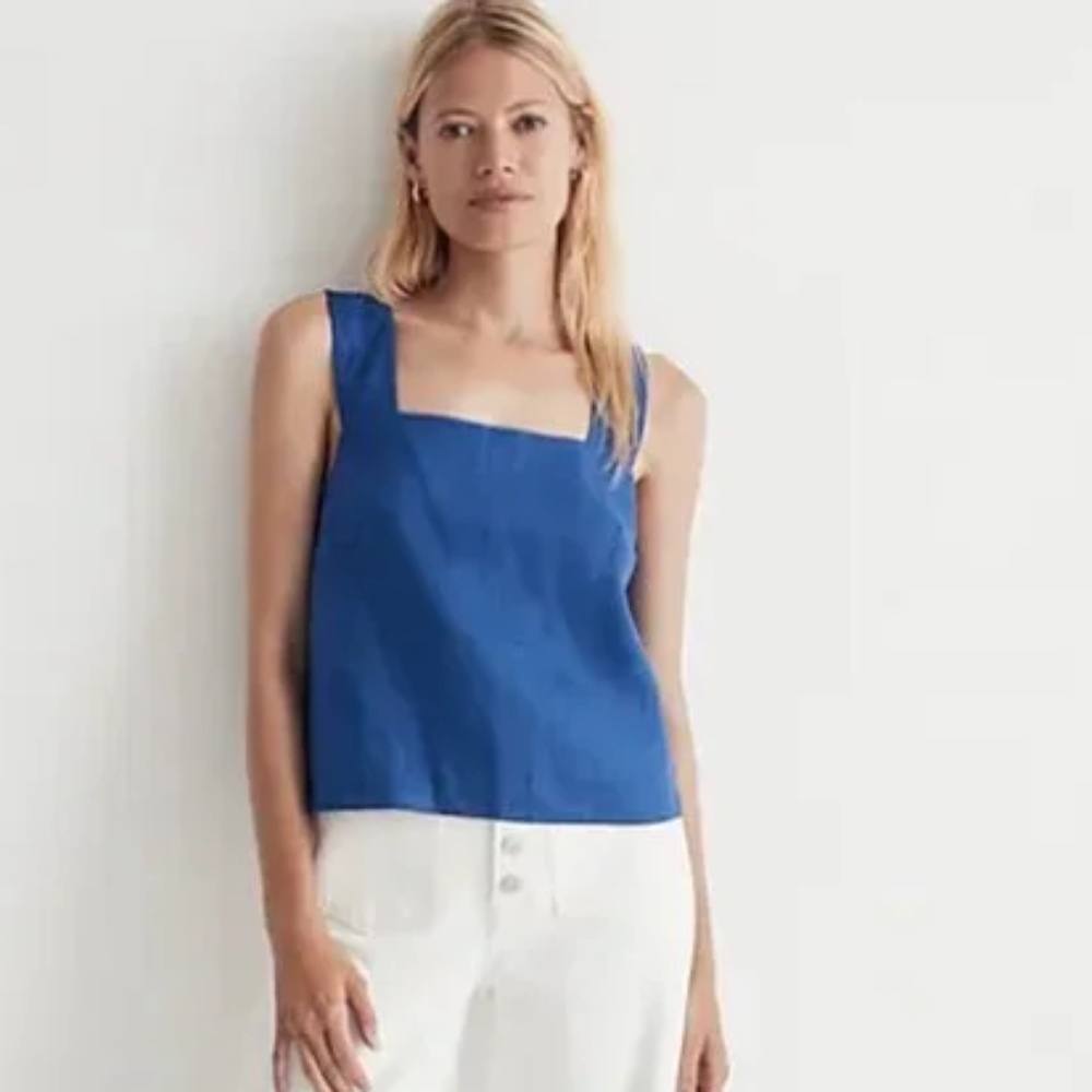 Madewell Linen Cross-Back Square Neck Sleeveless Top in Bluestone, Size 8
